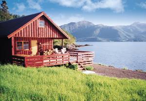  Flot hus med stor, delvis overdækket terrasse på fredelig, solrig fjordgrund på gården Treekrem med en smuk udsigt over fjord og fjeld. Et godt feriested for hele familien uanset om man ønsker a ...