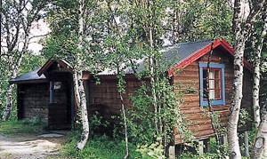  Træhus i naturområde med udsigt over fjeldet og elven. Fiskeri, kanoforhold, fjeldvandring